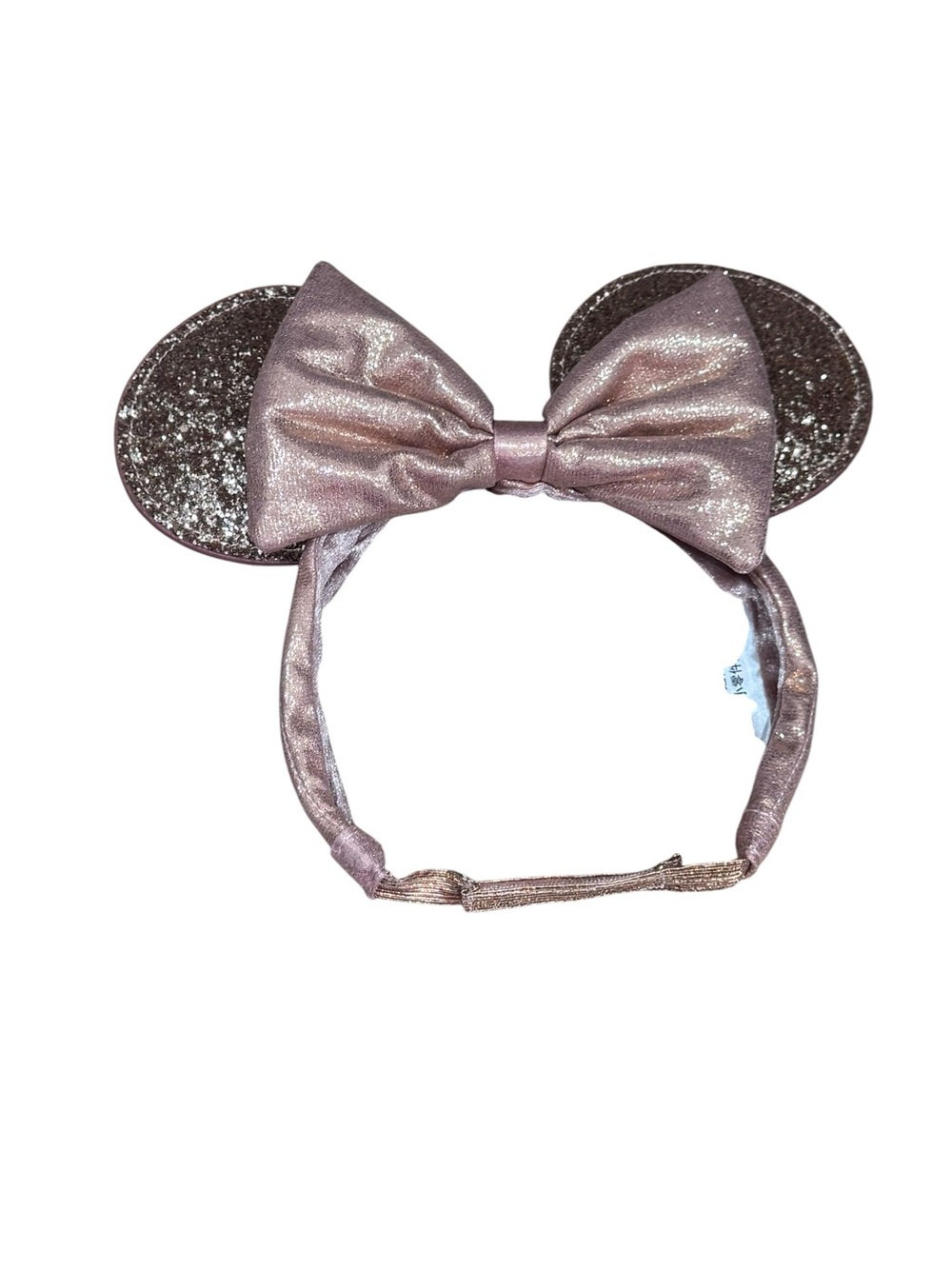 Disney Parks Kids Adjustable Velcro Rose Gold Glitter Mouse Ear Headband w Bow